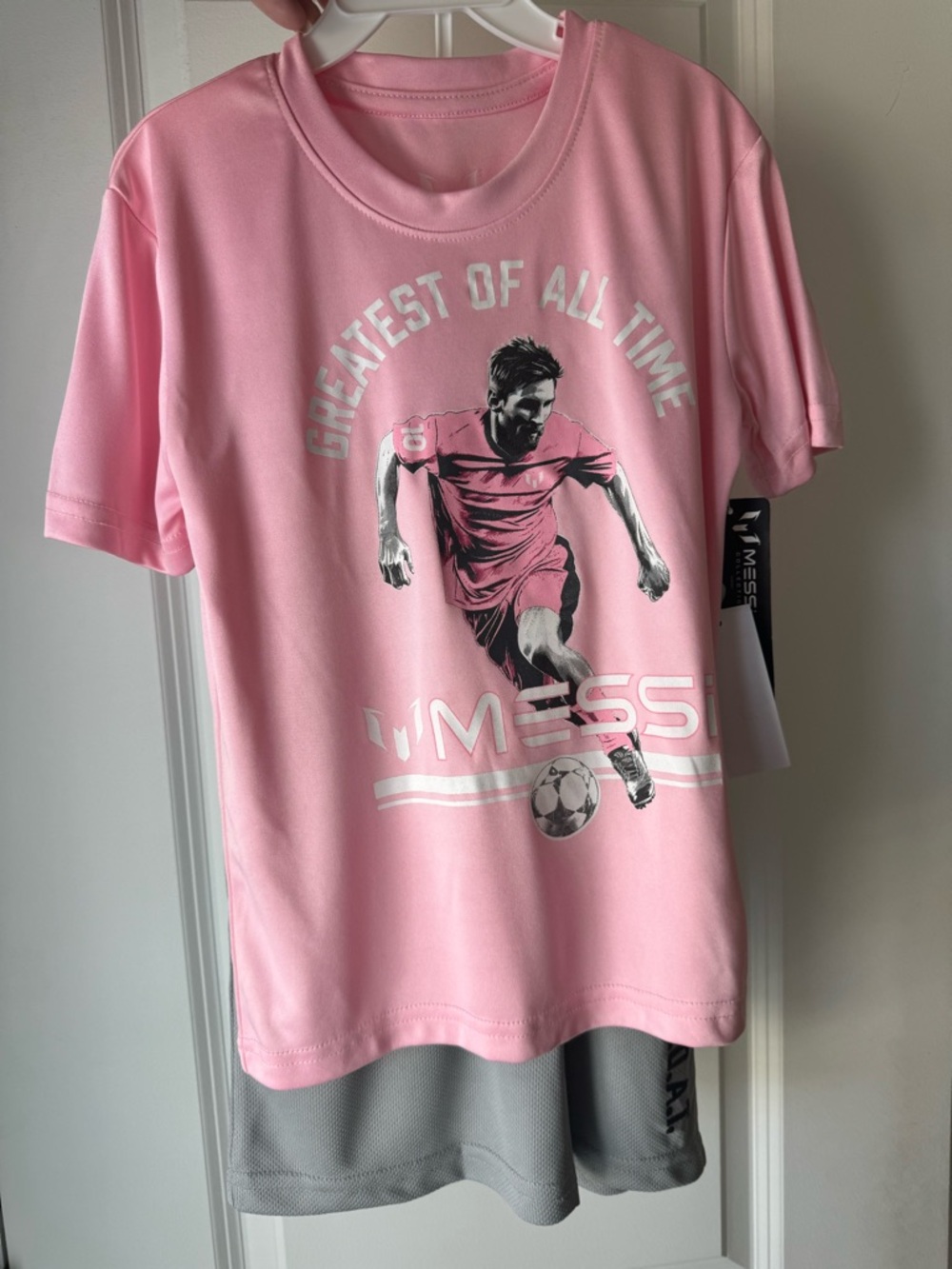 Messi Candy Pink 'Greatest of All Time' Short-Sleeved Shirt and Shorts Set